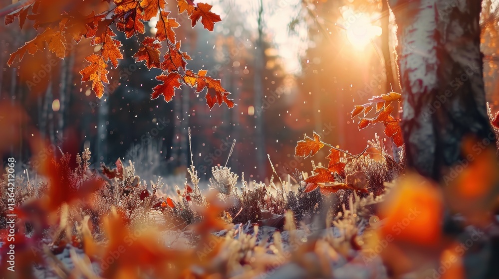 Autumn Forest Scene with Vibrant Leaves and Soft Sunlight Glow Autumn Forest Scene with Vibrant Leaves and Soft Sunlight Glow