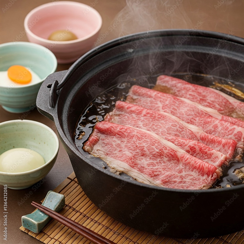 A traditional Japanese sukiyaki hot pot with thinly sliced marbled Wagyu beef simmering in a flavorful broth, served with raw eggs.
A traditional Japanese sukiyaki hot pot with thinly sliced marbled Wagyu beef simmering in a flavorful broth, served with raw eggs.