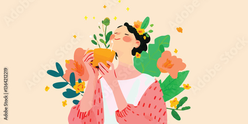 A woman basks in the serene embrace of nature, gently inhaling the aroma of a blossoming plant, surrounded by vibrant floral arrangements.