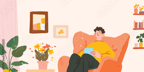 A man sits comfortably in an armchair at home. He's absorbed in a digital tablet, taking a moment to relax within his cozy home.