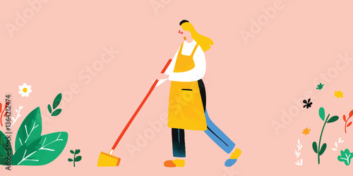 A vibrant illustration captures a woman's cheerful spring cleaning, sweeping amidst blossoming flowers and lush foliage.