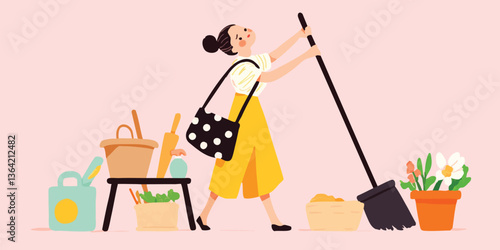 A woman is depicted engaged in a home cleaning task, holding a broom and moving around home to sweep. The imagery is bright, colorful, and illustrative, lending a sense of liveliness.