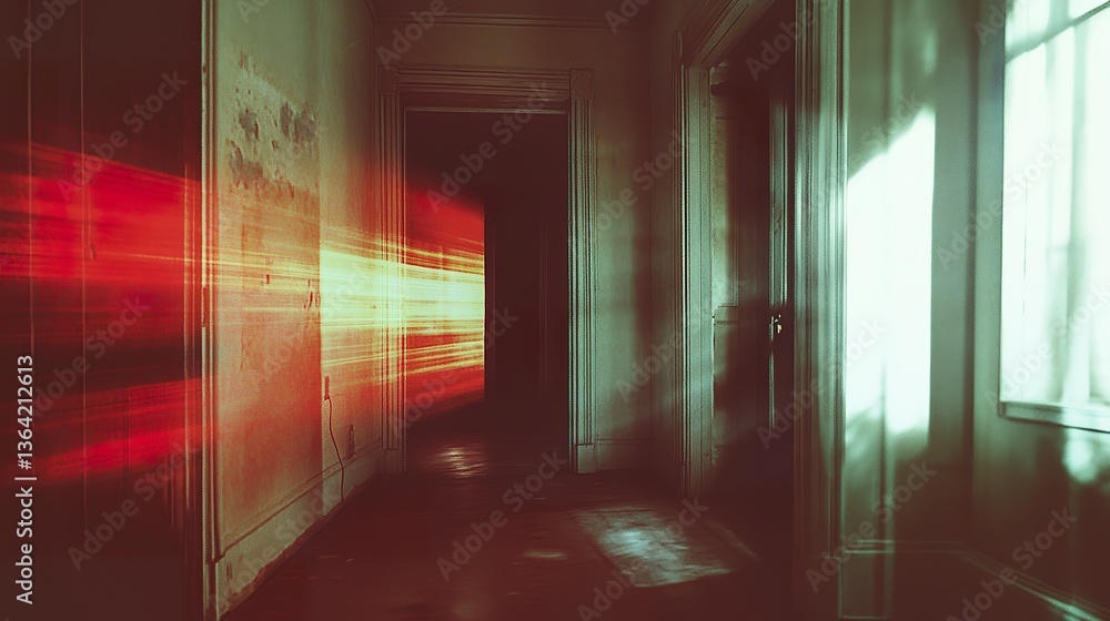 A dimly lit corridor with light beaming through doorways A dimly lit corridor with light beaming through doorways