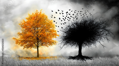 Golden and dead trees contrast, butterflies fly, stormy sky background; conceptual art for mental health