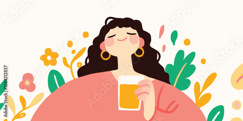 A serene woman holds a refreshing glass of golden drink, basking in tranquility amid a backdrop of whimsical floral elements. a moment of pure pleasure and relaxation.