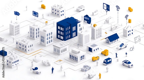 An illustration of a smart city network with connected buildings