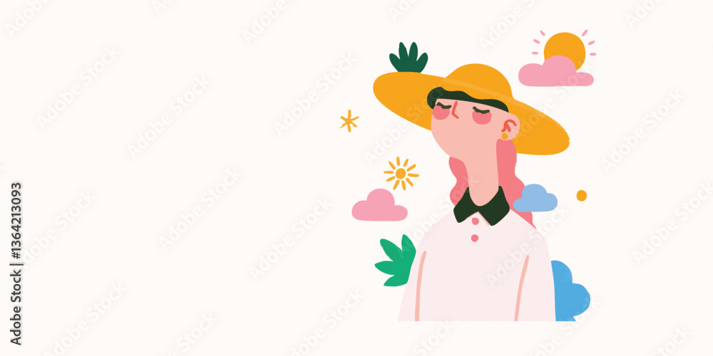 A woman embraces the sunlight, wearing a yellow hat, in a beautifully designed artistic creation, exuding a sense of ease, relaxation, and a hint of nature. A woman embraces the sunlight, wearing a yellow hat, in a beautifully designed artistic creation, exuding a sense of ease, relaxation, and a hint of nature.
