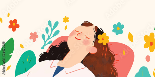 An illustration captures a person lost in peaceful reverie, her eyes gently closed, adorned with flowers and nestled amongst a vibrant array of flora. 