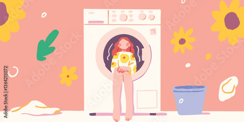 A whimsically illustrated scene depicts a young woman, amidst stylized sunflowers and domestic objects. The vibrant, flat design of the composition gives a playful and fresh aesthetic.
