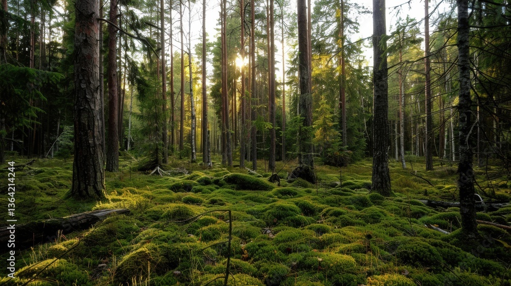 Obraz premium Sunlight Filtering Through Trees in Lush Green Forest Landscape