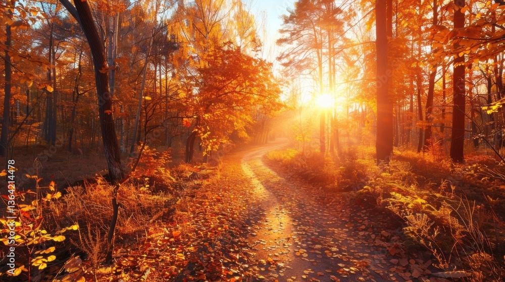 Obraz premium Tranquil Autumn Pathway with Sunlight Filtering Through Trees