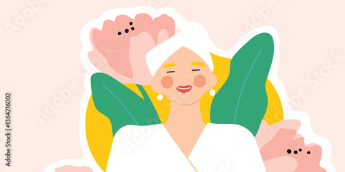 A woman, her eyes serenely closed, finds tranquility in a moment of self-care and mindfulness, surrounded by a gentle display of flora.