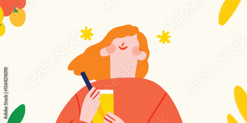 A cheerful woman savors a refreshing drink, with the image portraying a moment of pure joy and satisfaction in a light, refreshing, and inviting style.