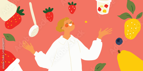 A woman playfully juggles assorted fresh fruit and yogurt in a bright, inviting illustration, evoking feelings of joy and lightheartedness. 