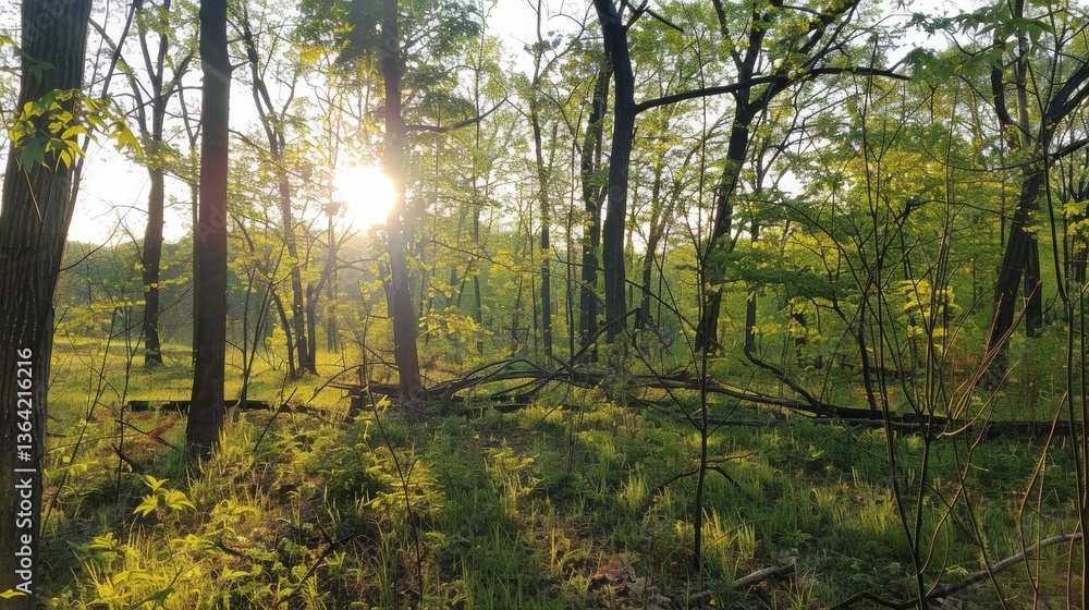 Serene Sunrise in Lush Forest Surrounded by Greenery and Sunlight Serene Sunrise in Lush Forest Surrounded by Greenery and Sunlight