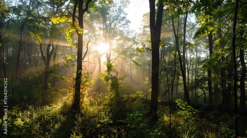 Fototapeta premium Sunlight Filtering Through Dense Forest Trees in Early Morning