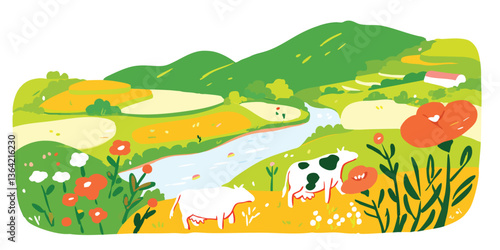 A whimsical illustration depicts a vibrant countryside panorama, where gentle rolling hills overlook a meandering stream, dotted with charming floral details. Cows, immersed in a serene meadow.