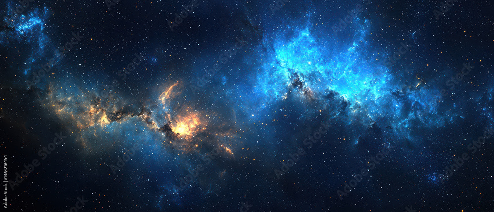 Fototapeta premium A stunning cosmic panorama showcasing vibrant nebulae and twinkling stars against a deep blue backdrop, illustrating the beauty of the universe.