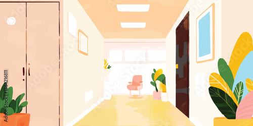 A meticulously designed hallway with a warm, inviting atmosphere, featuring inviting doors, stylish wall art, and vibrant plants. This visual encapsulates the blend of design and architectural detail.