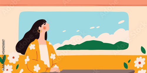 A young woman with long black hair gazes out of a train window, admiring the picturesque scene. Illustration evokes a sense of freedom.