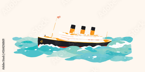 An artistic illustration of a vintage cruise liner navigating turbulent waves. Depicting maritime history with an illustration-style, perfect for themed projects. 