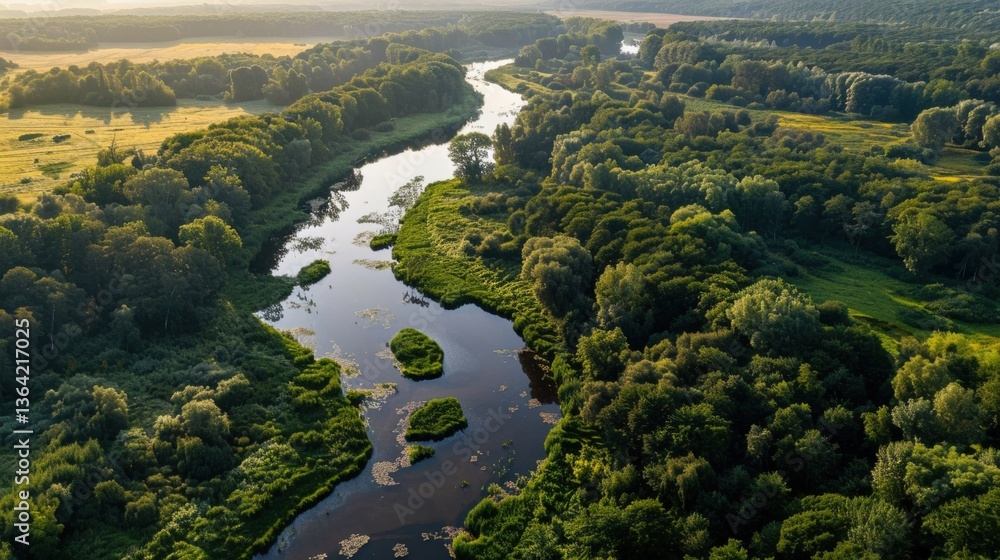 Serene Aerial View of River Meandering Through Lush Green Landscape Serene Aerial View of River Meandering Through Lush Green Landscape