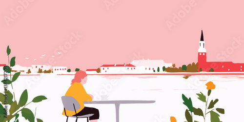 A tranquil illustrated scene featuring a solitary figure seated outdoors, observing a picturesque waterside vista. The style is minimalist and eye-catching. 