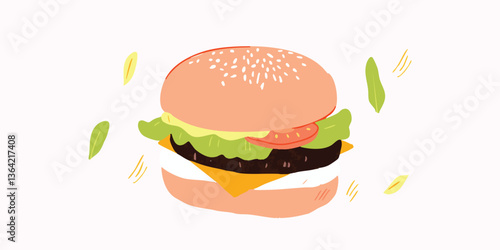 A mouthwatering, appetizing burger with vibrant colors. A classic burger composition.