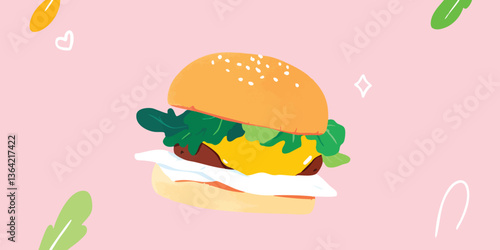 A vibrant, appetizing burger illustration, perfect for food-related themes. The burger features fresh ingredients and appealing presentation.