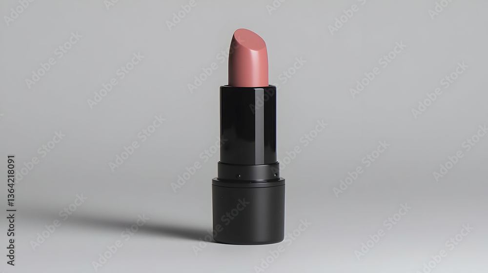 Lipstick Isolated On White Background With Soft Shadow And Pink Shade In Black Tube