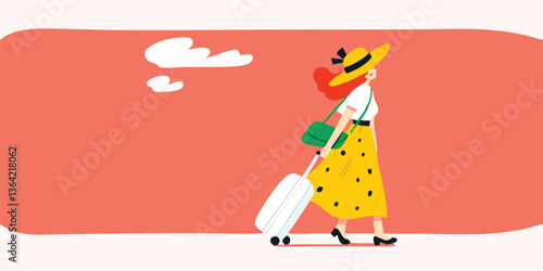 A woman embarks on a travel adventure, strolling with a suitcase, hinting at exploration. The scene is vibrant and dynamic, filled with the excitement of the journey.