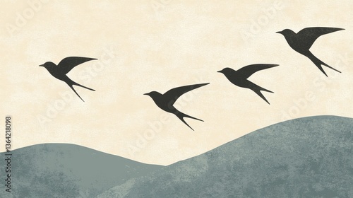 Flying Birds Silhouette Landscape Art Print.