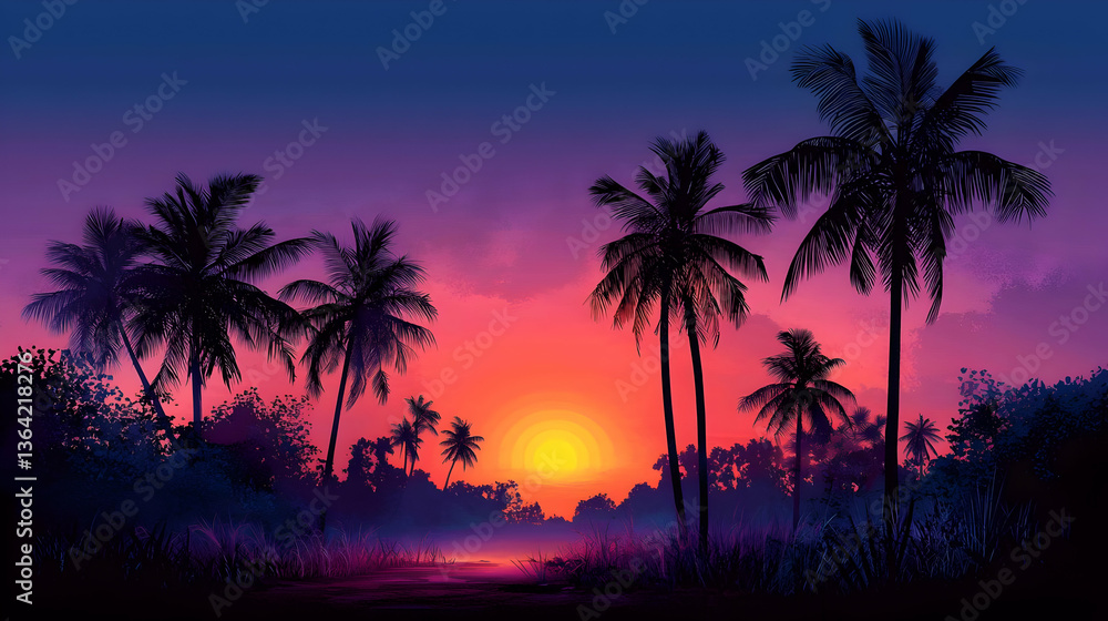 Fototapeta premium Pixelated Tropical Sunset Scene Depicting Silhouetted Palm Trees Against Colorful Sky With Orange Sun