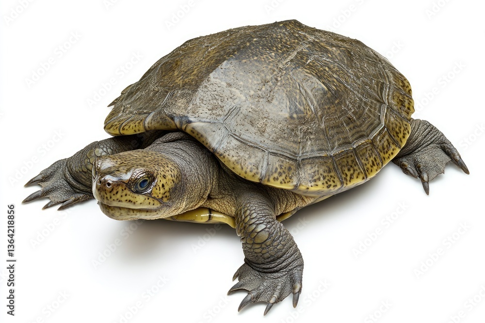Obraz premium Chinese softshell turtle from top-down view, leathery shell textures, hyper-realistic, isolated.