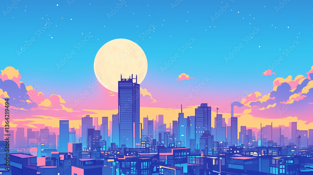 Obraz premium 幻想的な満月が浮かぶ都会の夜景・ネオンカラーが美しい1980年代風レトロポップ都市風景イラスト・青とピンクの鮮やかな色彩・ノスタルジックでエモーショナルな夜の街・未来的な都市背景素材