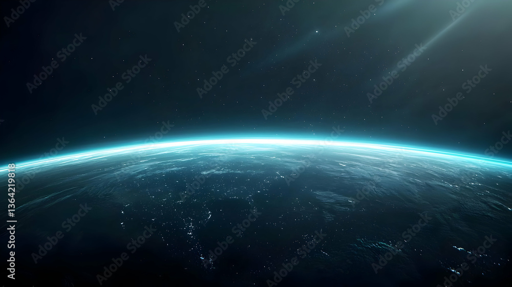 Fototapeta premium Blue Planet Earth Orbiting In Outer Space Showing Starry Galaxy Background With Dramatic Light
