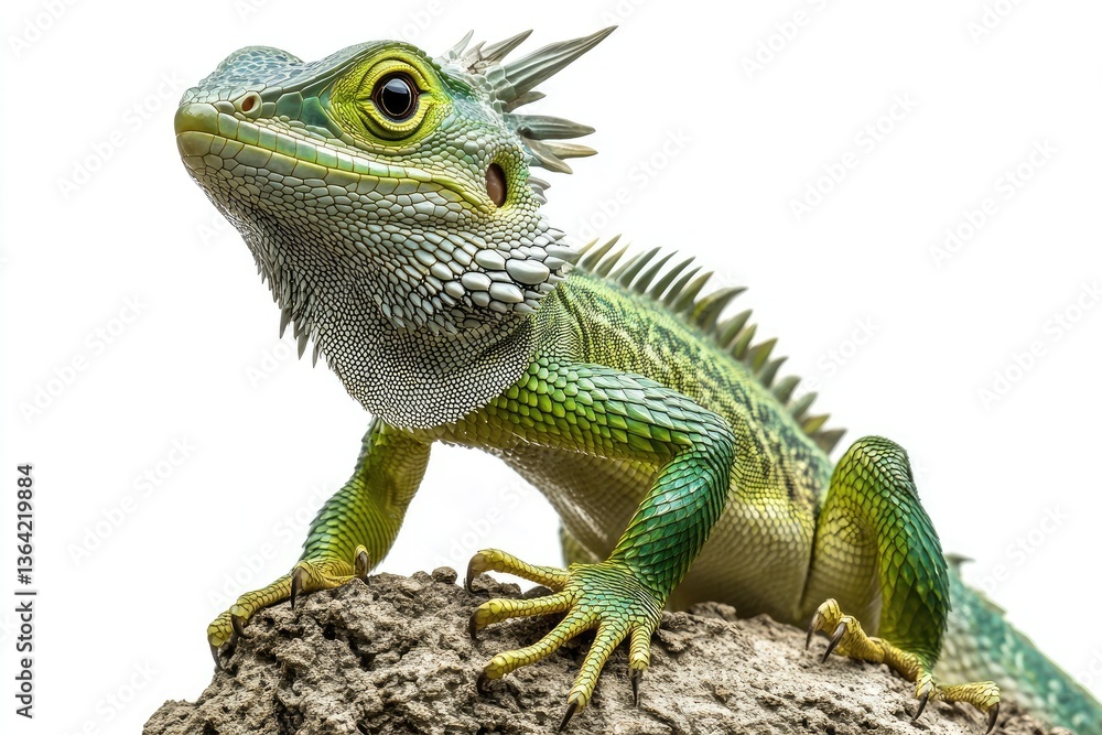 Obraz premium Chinese water dragon perched, bright green scaly body, hyper-detailed textures, isolated.