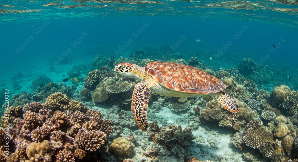 Fototapeta premium Sea Turtle Swimming Over Colorful Coral Reef - Underwater Marine Life in Tropical Ocean