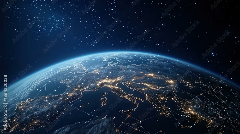 Fototapeta premium A stunning view of Earth from space, showcasing illuminated cities under a starry night sky.