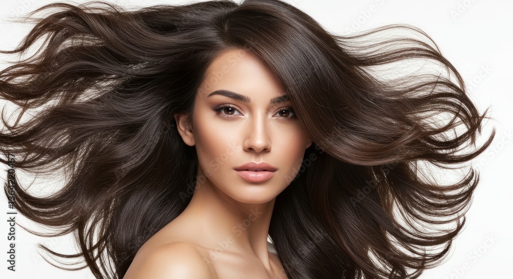 Obraz premium A Hispanic woman with long hair and flawless skin posing in a studio closeup for shampoo product advertising