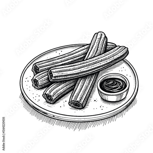 Churros on plate engraving vector illustration