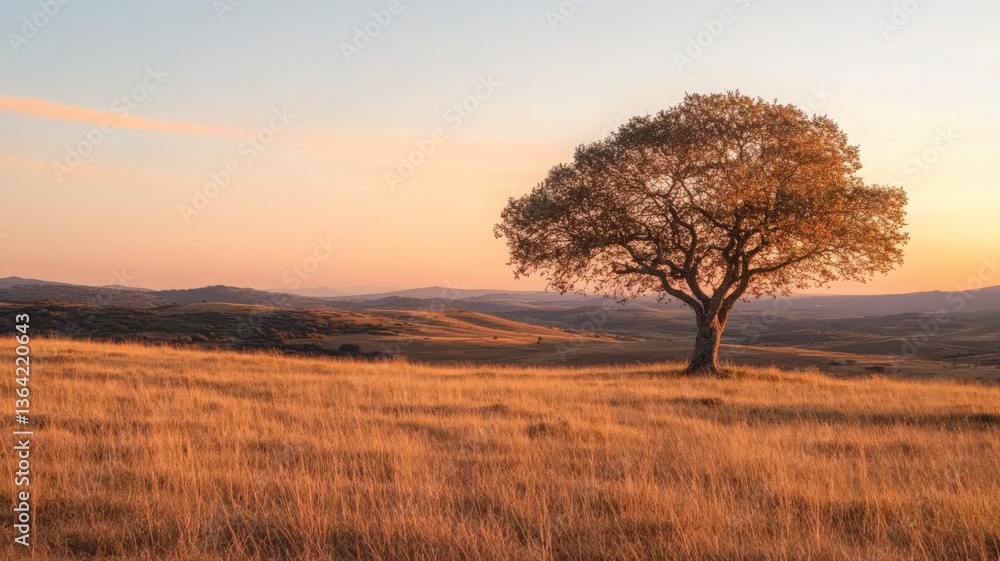 Fototapeta premium Solitary Tree in Golden Field at Sunset