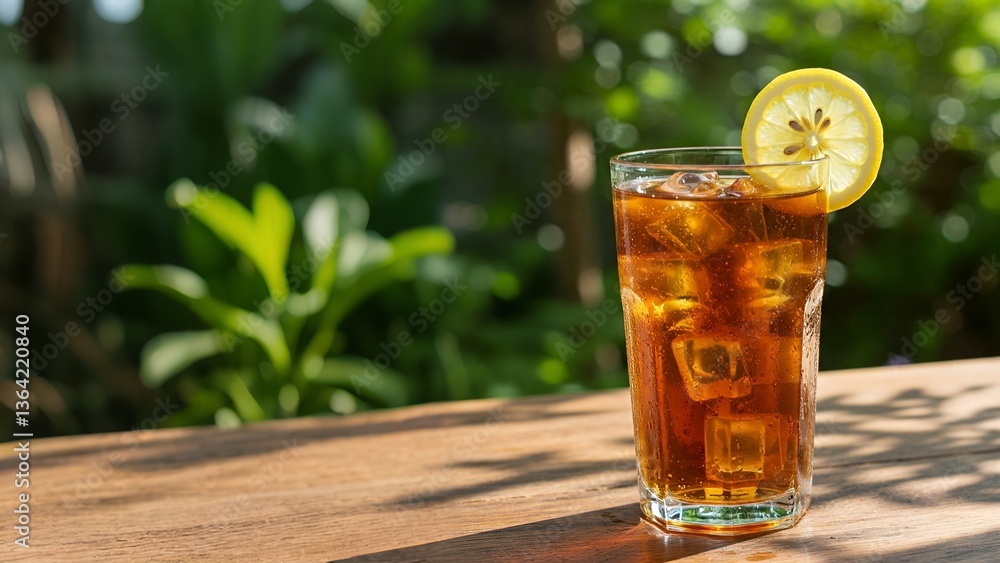A tall glass of iced tea with a lemon slice, sitting on a wooden table surrounded by lush green foliage. A tall glass of iced tea with a lemon slice, sitting on a wooden table surrounded by lush green foliage.