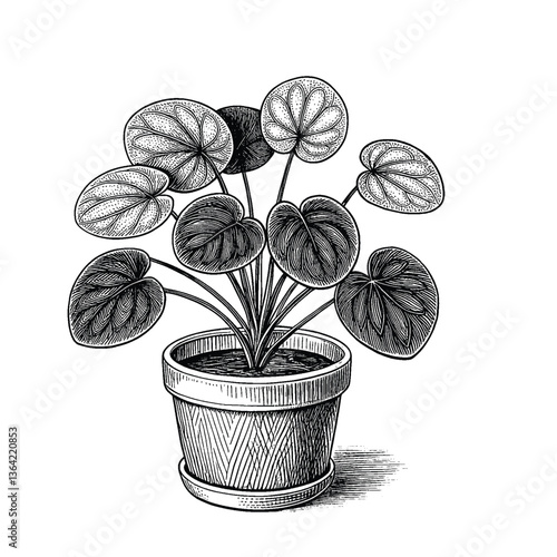 Chinese Money Plant on pot engraving vector illustration