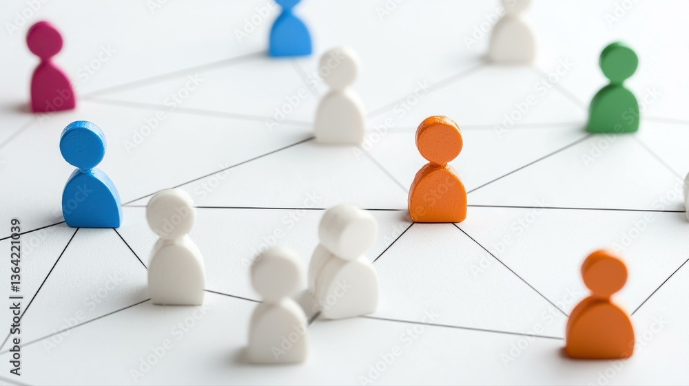 Fototapeta premium Colorful network of wooden figures symbolizing connections and collaboration in a team environment.