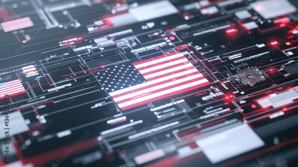Digital representation of a USA flag integrated into a futuristic tech circuit board background. Digital representation of a USA flag integrated into a futuristic tech circuit board background.