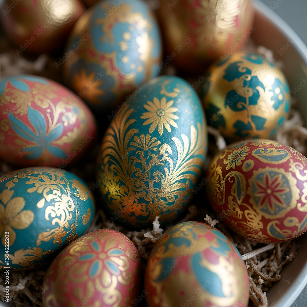 A close-up of intricately hand-painted Easter eggs with gold leaf and floral patterns A close-up of intricately hand-painted Easter eggs with gold leaf and floral patterns