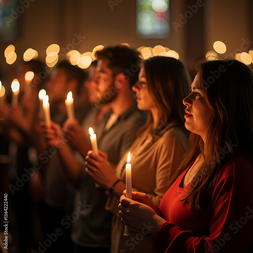 A congregation in a peaceful countryside church, holding candles and singing Easter hymns.