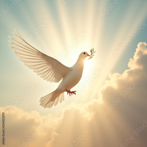 A dove flying upward with an olive branch, rays of divine light spreading across a pastel sky