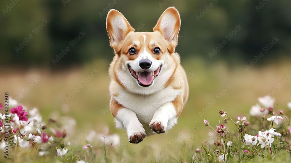 Happy Corgi Dog Jumping in a Field of Flowers Happy Corgi Dog Jumping in a Field of Flowers